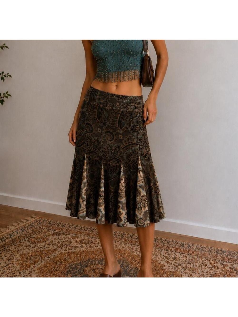 Vintage Vtg y2k boho hippie fairycore paisley velvet flowy midi skirt